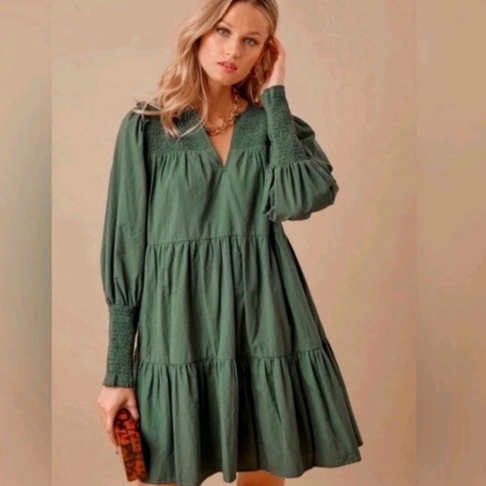 Tuckernuck Pomander Place Ceci Forest Green Smocked Tiered Cotton Mini‎ Dress Sm